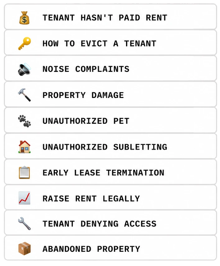 Common Chicago landlord questions Dweller IQ answers — unpaid rent, evicting a tenant, noise complaints, property damage, unauthorized pets and subletting, lease termination, raising rent, and more