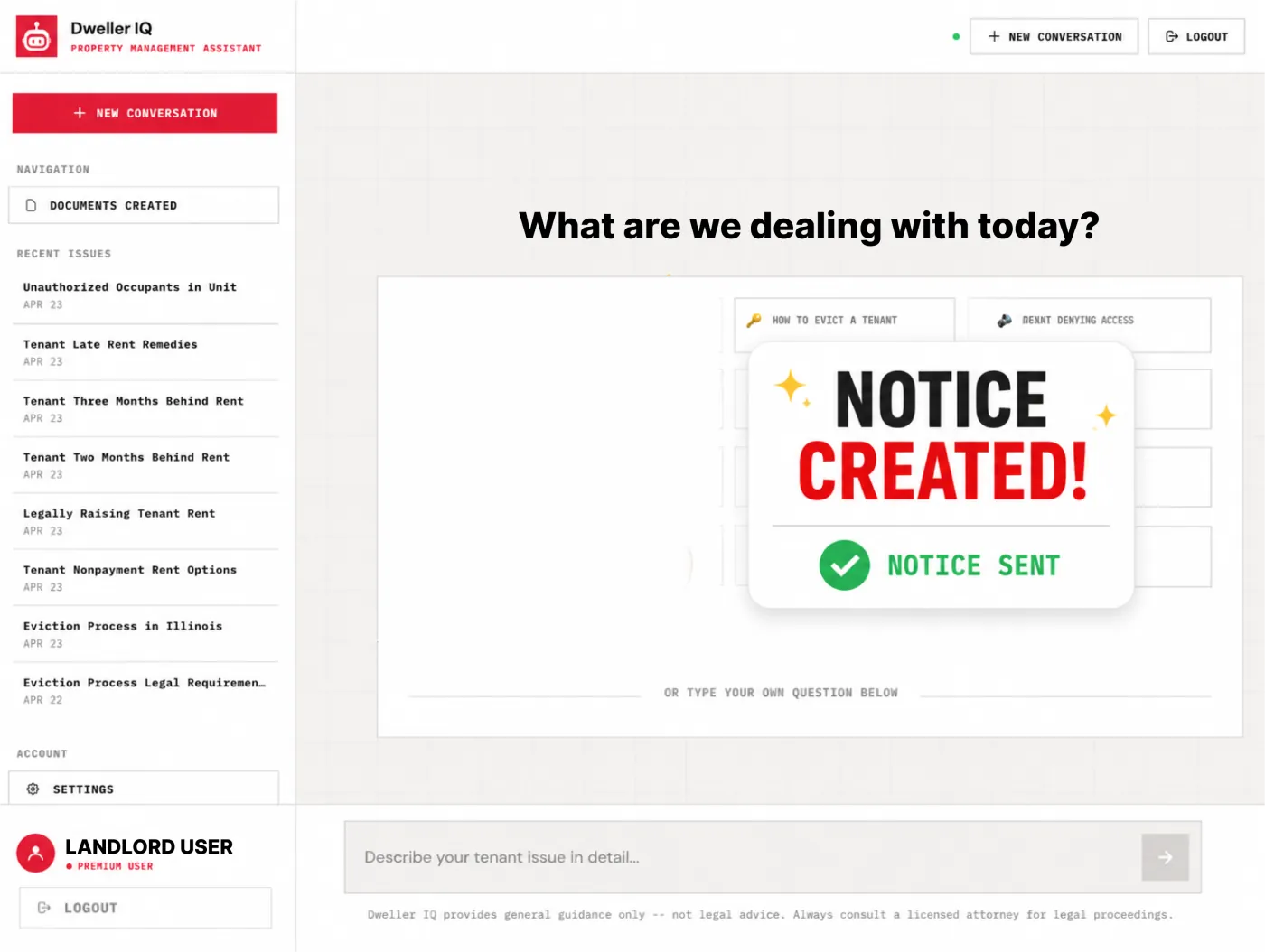 Dweller IQ dashboard showing a generated eviction notice marked Notice Created and Notice Sent